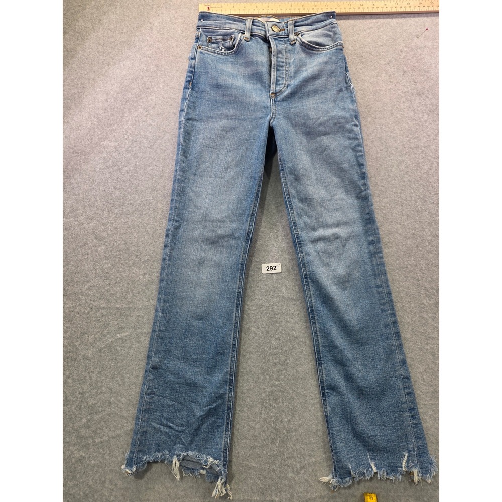 Zara High Waist Straight‎ Leg Jeans Light Wash Raw Frayed Step Hem Button Fly